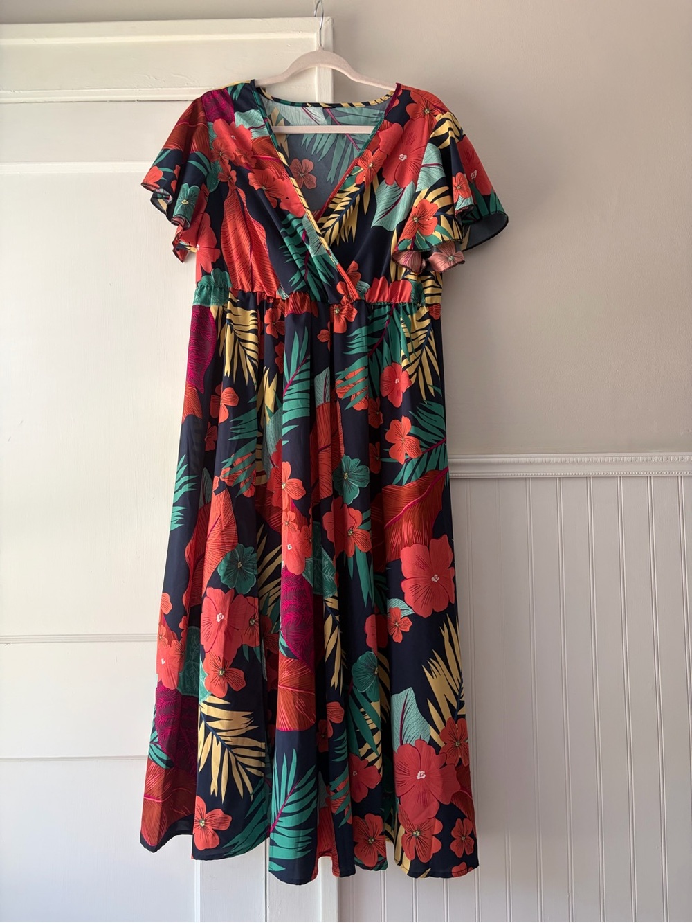 Floral Faux-Wrap Midi Dress - Navy with Red & Green Floral